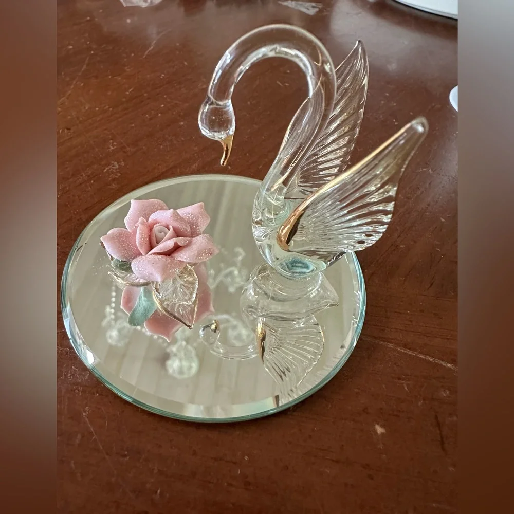 Crystal swan and pink porcelain rose tchotchke trinket